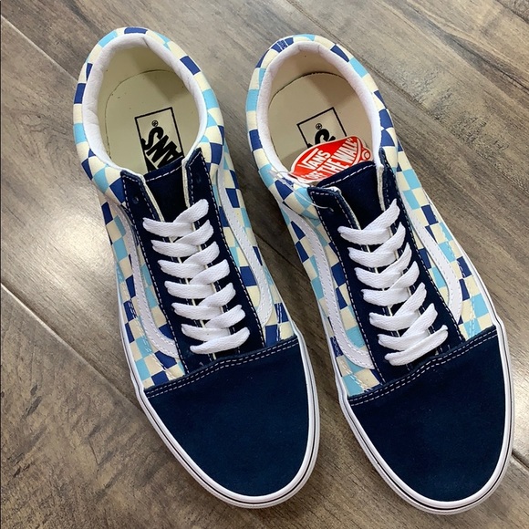 blue checkerboard vans high top